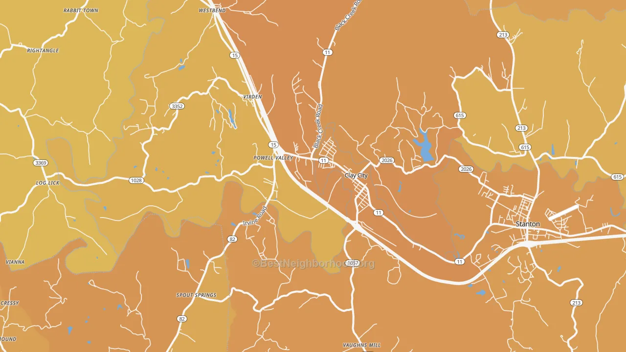Map of the best neighborhoods in the Clay City area, with better matches in green and worse matches in red