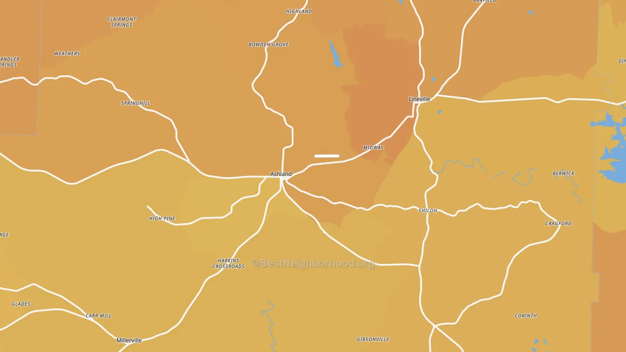 Map of the best neighborhoods in the Clay County area, with better matches in green and worse matches in red