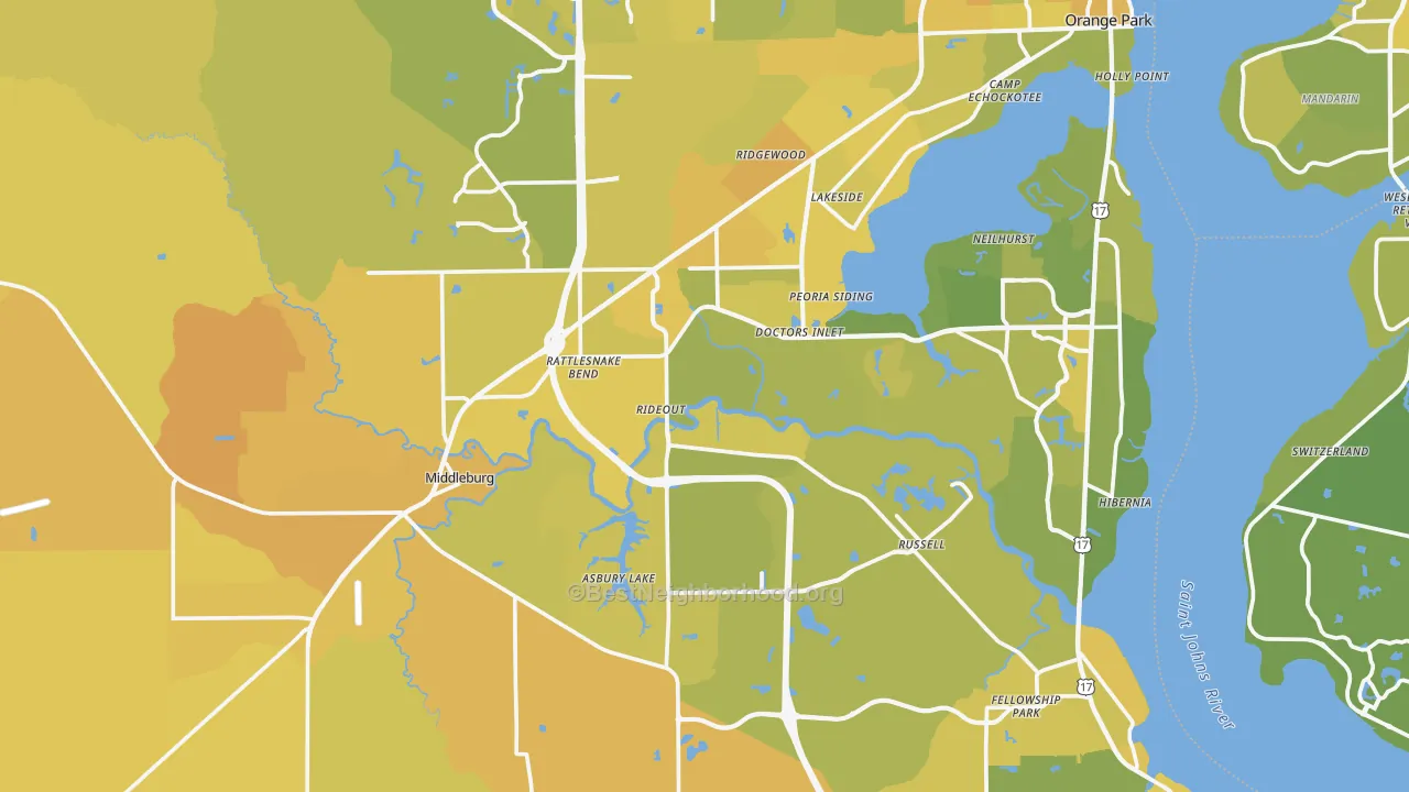 Map of the best neighborhoods in the Clay County area, with better matches in green and worse matches in red