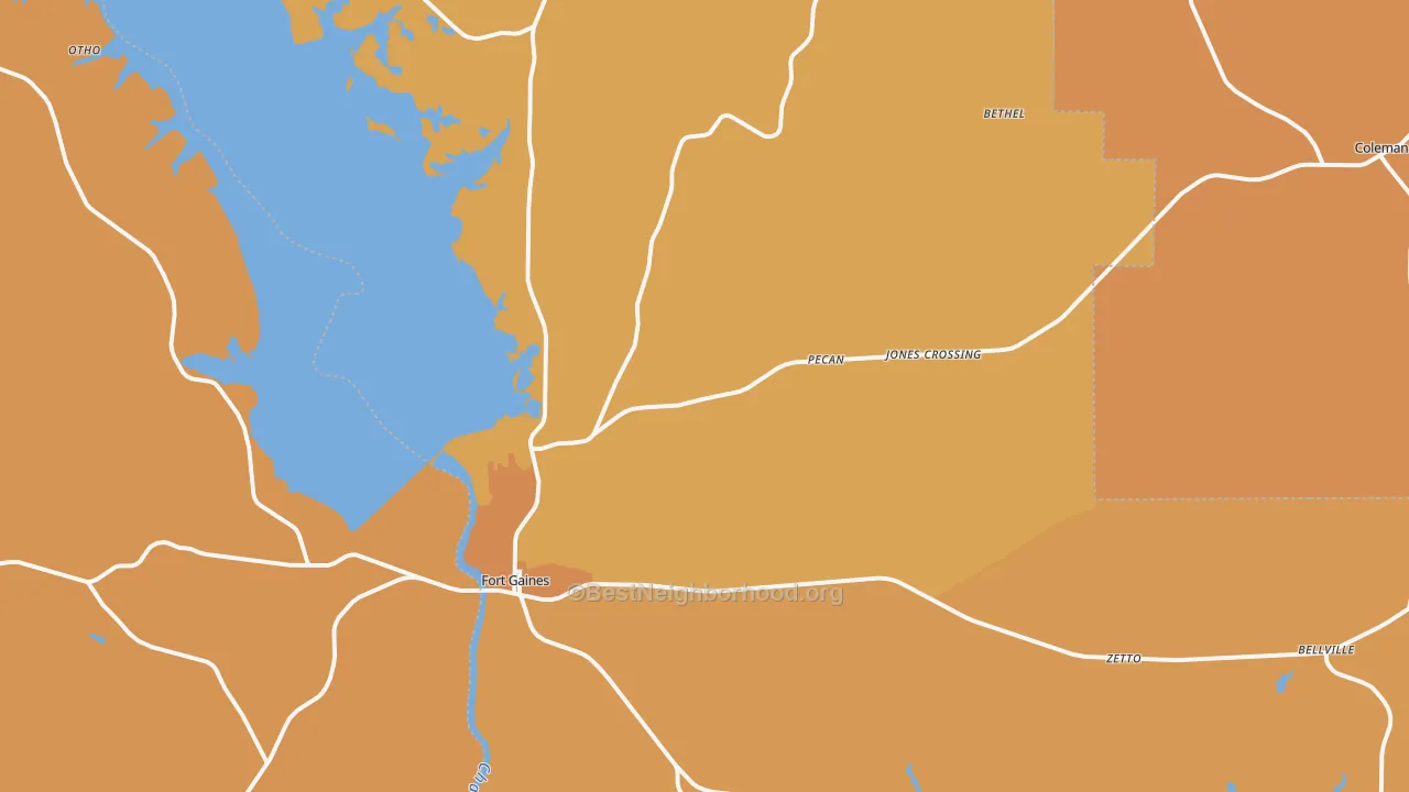 Map of the best neighborhoods in the Clay County area, with better matches in green and worse matches in red