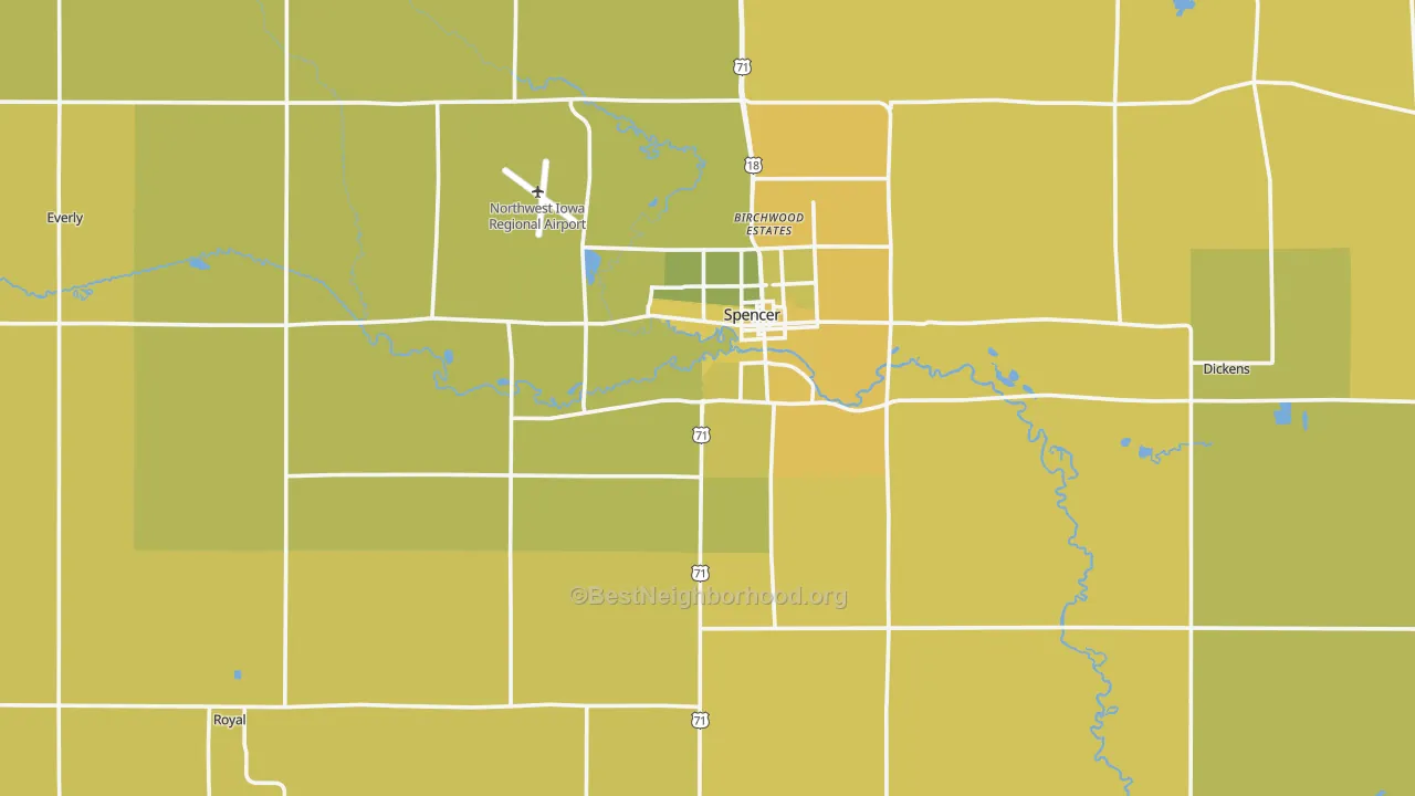 Map of the best neighborhoods in the Clay County area, with better matches in green and worse matches in red