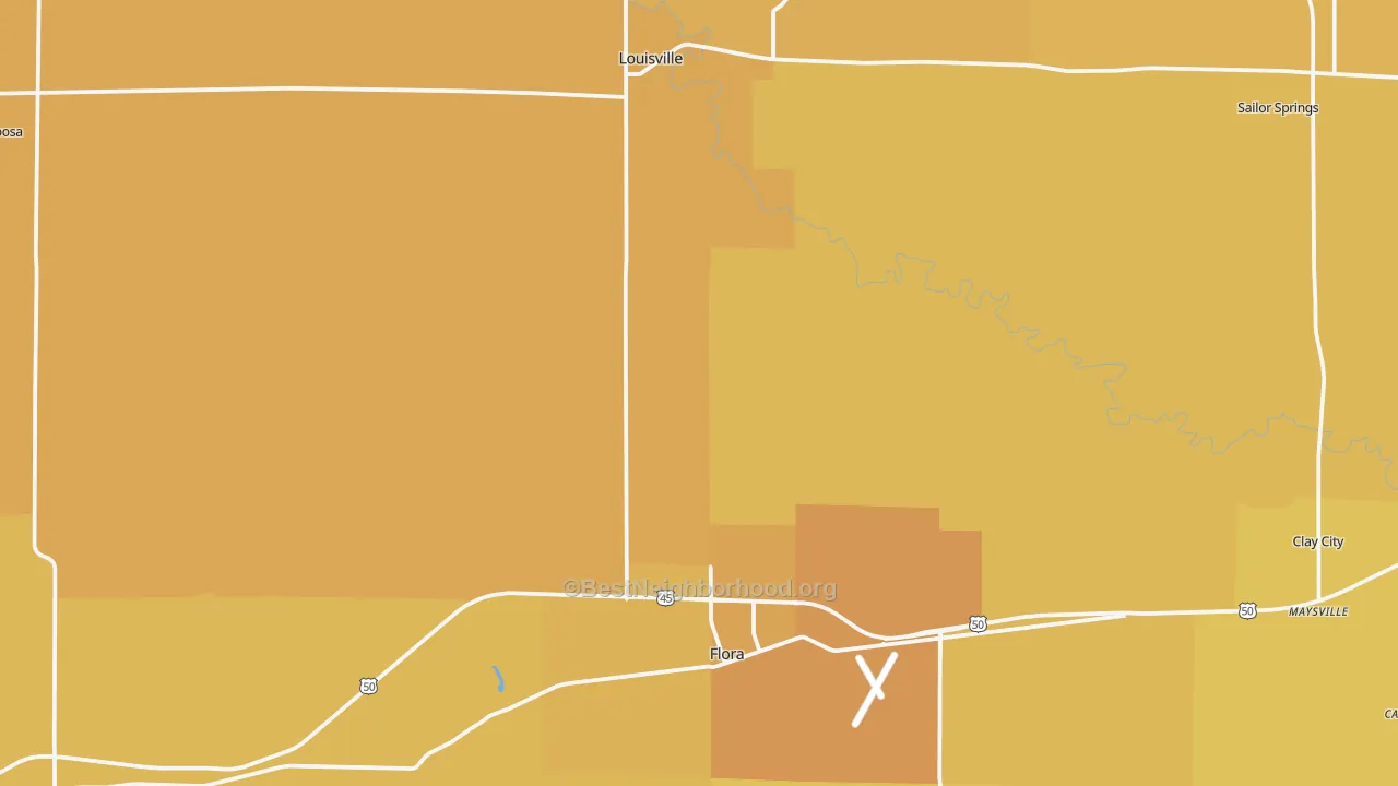 Map of the best neighborhoods in the Clay County area, with better matches in green and worse matches in red