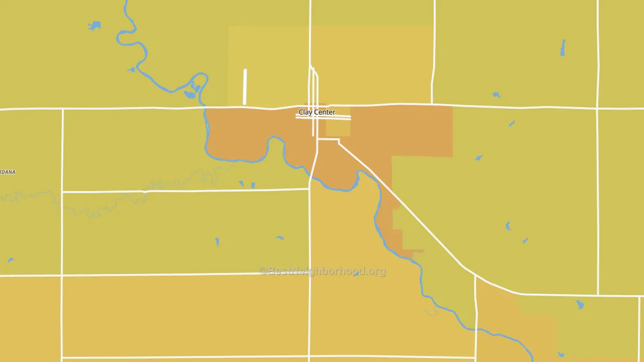 Map of the best neighborhoods in the Clay County area, with better matches in green and worse matches in red
