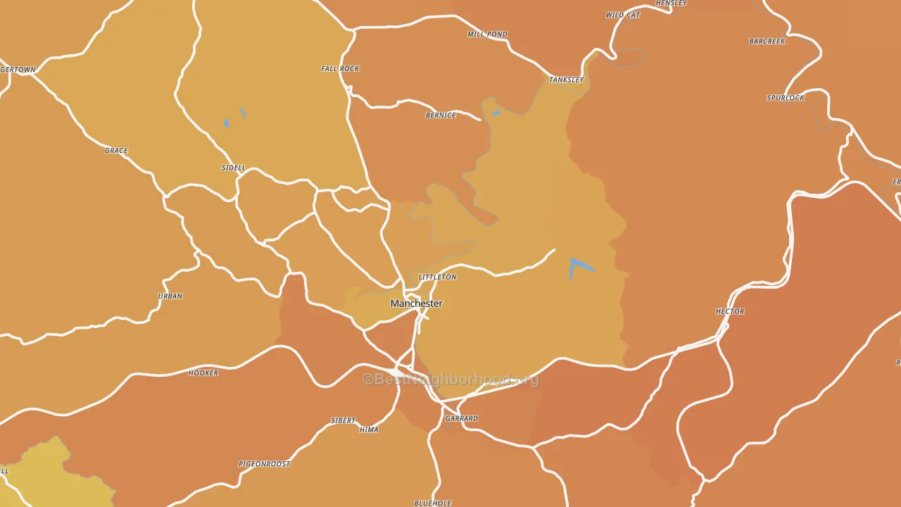 Map of the best neighborhoods in the Clay County area, with better matches in green and worse matches in red