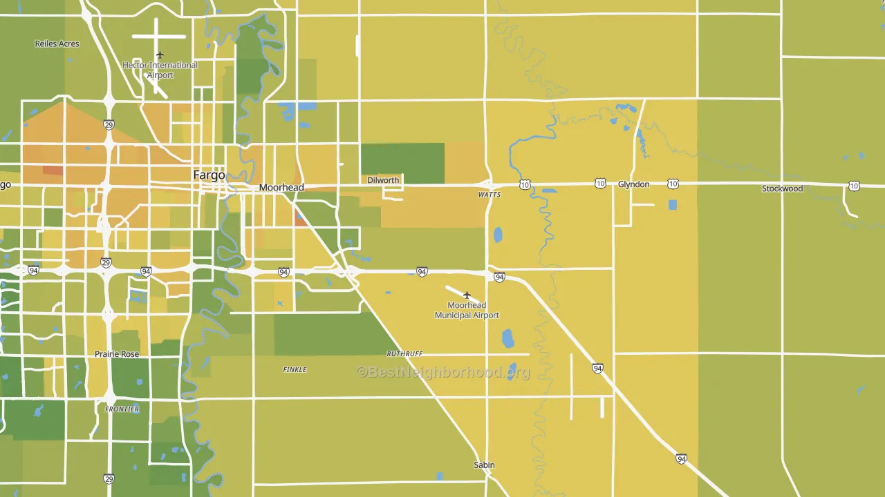 Map of the best neighborhoods in the Clay County area, with better matches in green and worse matches in red