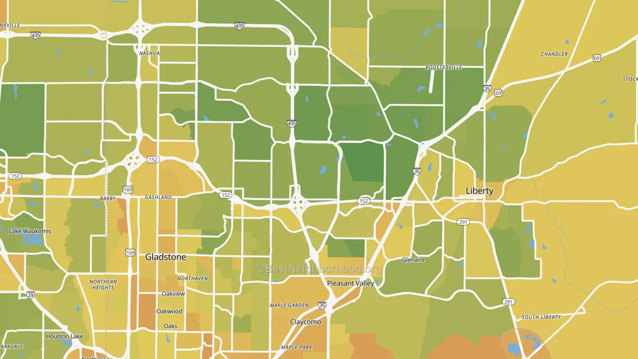 Map of the best neighborhoods in the Clay County area, with better matches in green and worse matches in red