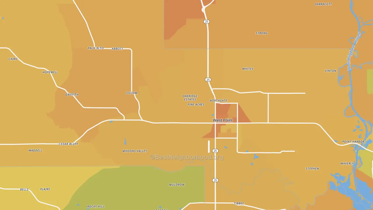 Map of the best neighborhoods in the Clay County area, with better matches in green and worse matches in red