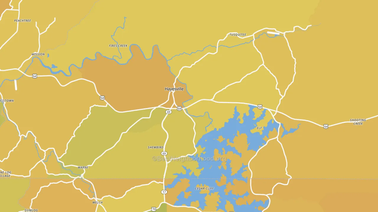 Map of the best neighborhoods in the Clay County area, with better matches in green and worse matches in red