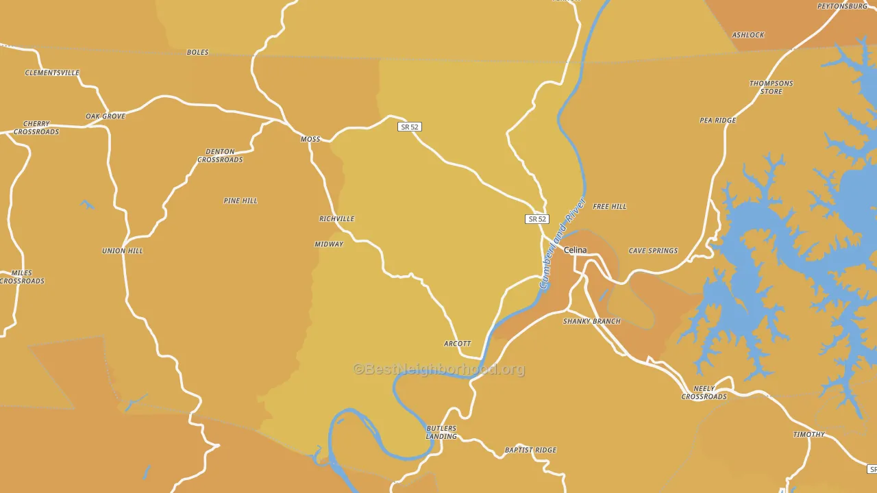 Map of the best neighborhoods in the Clay County area, with better matches in green and worse matches in red