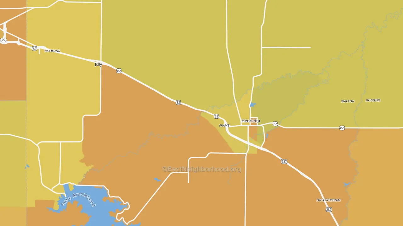Map of the best neighborhoods in the Clay County area, with better matches in green and worse matches in red