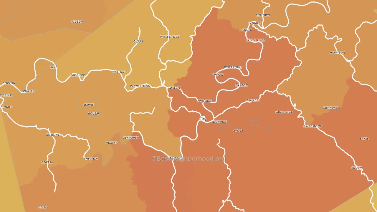 Map of the best neighborhoods in the Clay County area, with better matches in green and worse matches in red