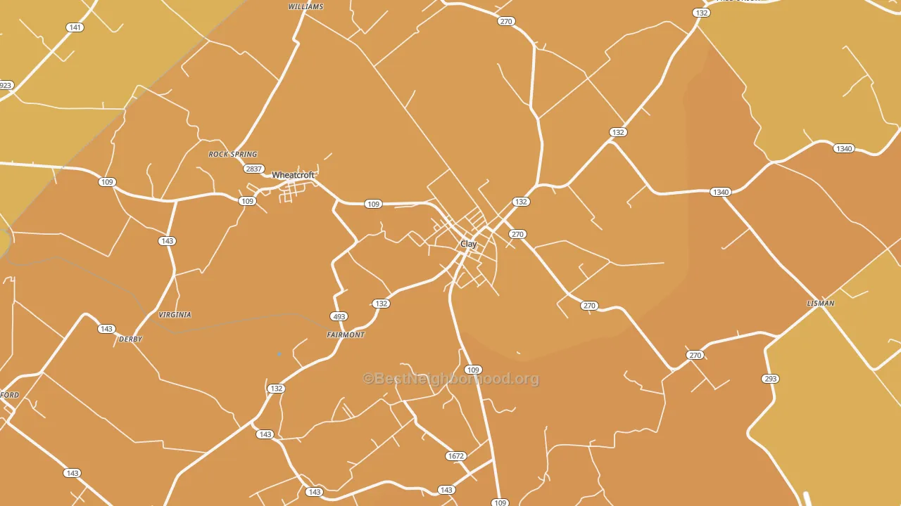 Map of the best neighborhoods in the Clay area, with better matches in green and worse matches in red