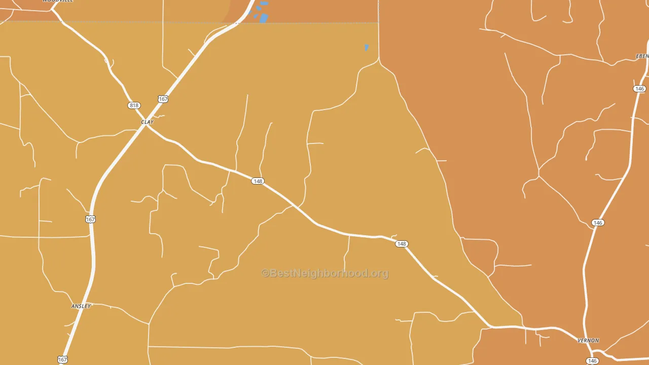 Map of the best neighborhoods in the Clay area, with better matches in green and worse matches in red