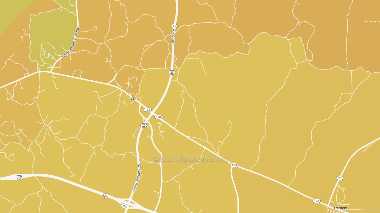 Map of the best neighborhoods in the Clay area, with better matches in green and worse matches in red