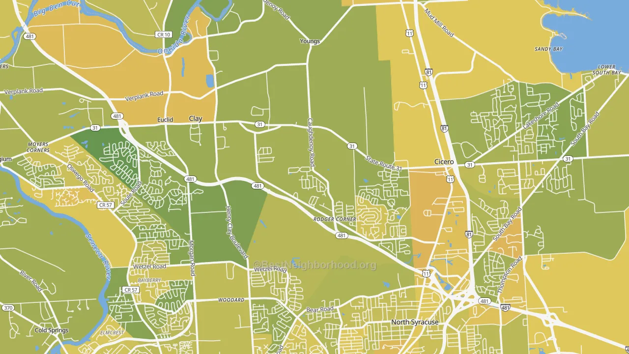 Map of the best neighborhoods in the Clay area, with better matches in green and worse matches in red