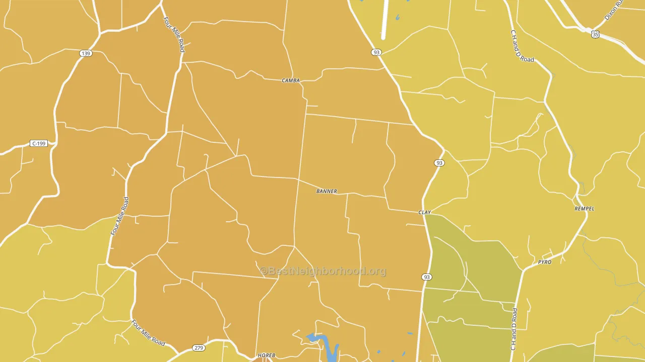 Map of the best neighborhoods in the Clay area, with better matches in green and worse matches in red