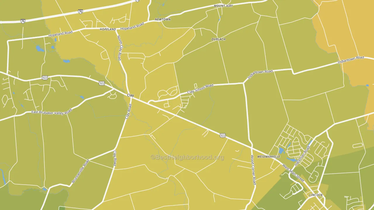 Map of the best neighborhoods in the Clay area, with better matches in green and worse matches in red