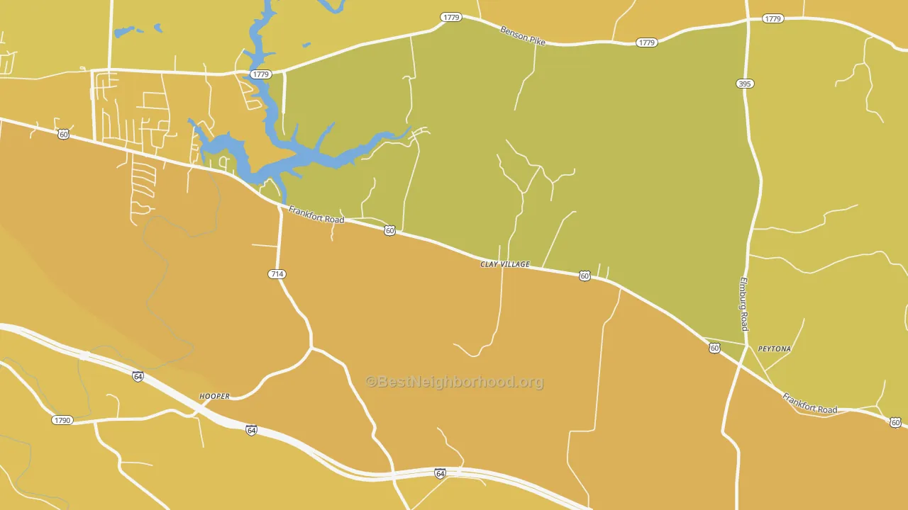 Map of the best neighborhoods in the Clay Village area, with better matches in green and worse matches in red