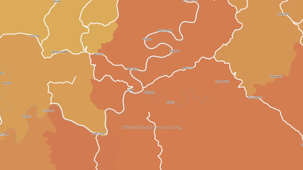 Map of the best neighborhoods in the Clay area, with better matches in green and worse matches in red