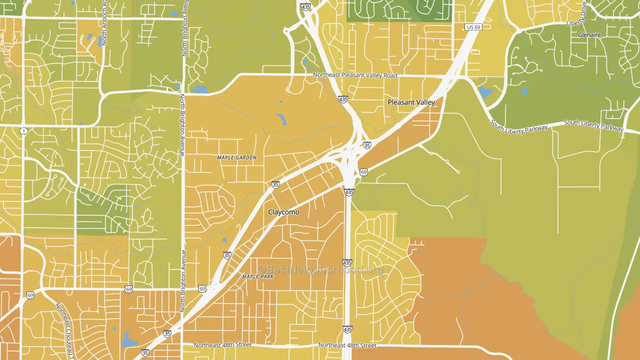 Map of the best neighborhoods in the Claycomo area, with better matches in green and worse matches in red