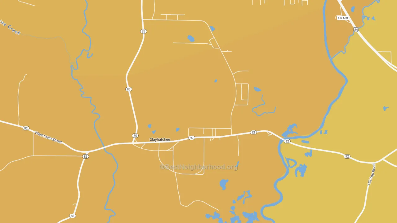 Map of the best neighborhoods in the Clayhatchee area, with better matches in green and worse matches in red