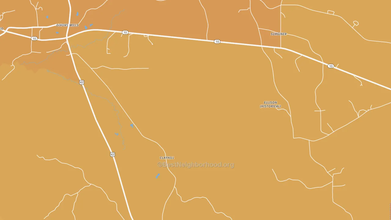 Map of the best neighborhoods in the Clayhill area, with better matches in green and worse matches in red