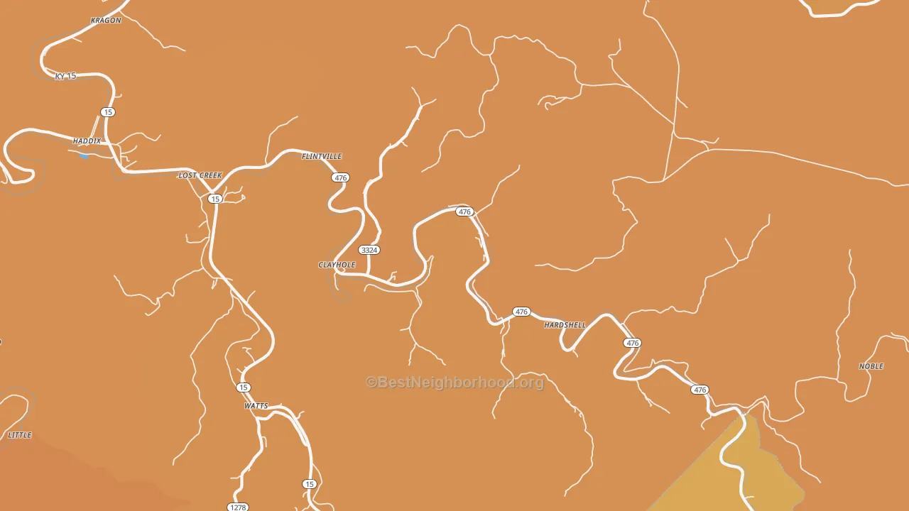 Map of the best neighborhoods in the Clayhole area, with better matches in green and worse matches in red