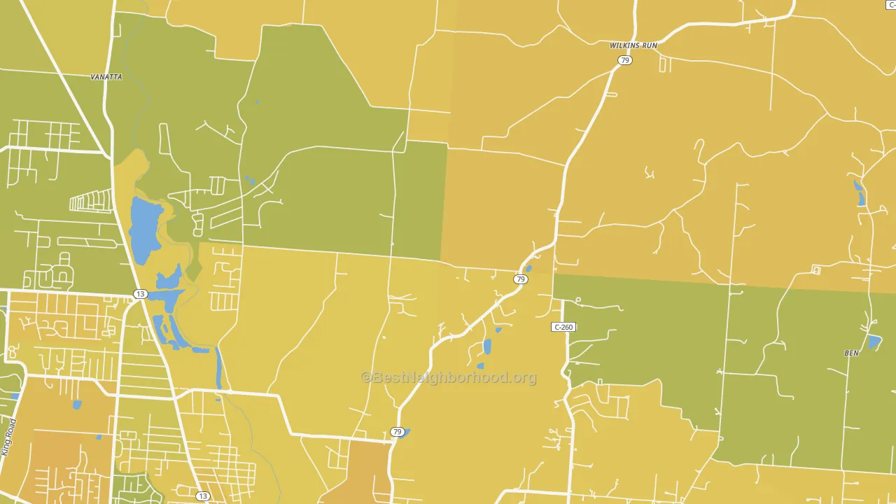 Map of the best neighborhoods in the Claylick area, with better matches in green and worse matches in red