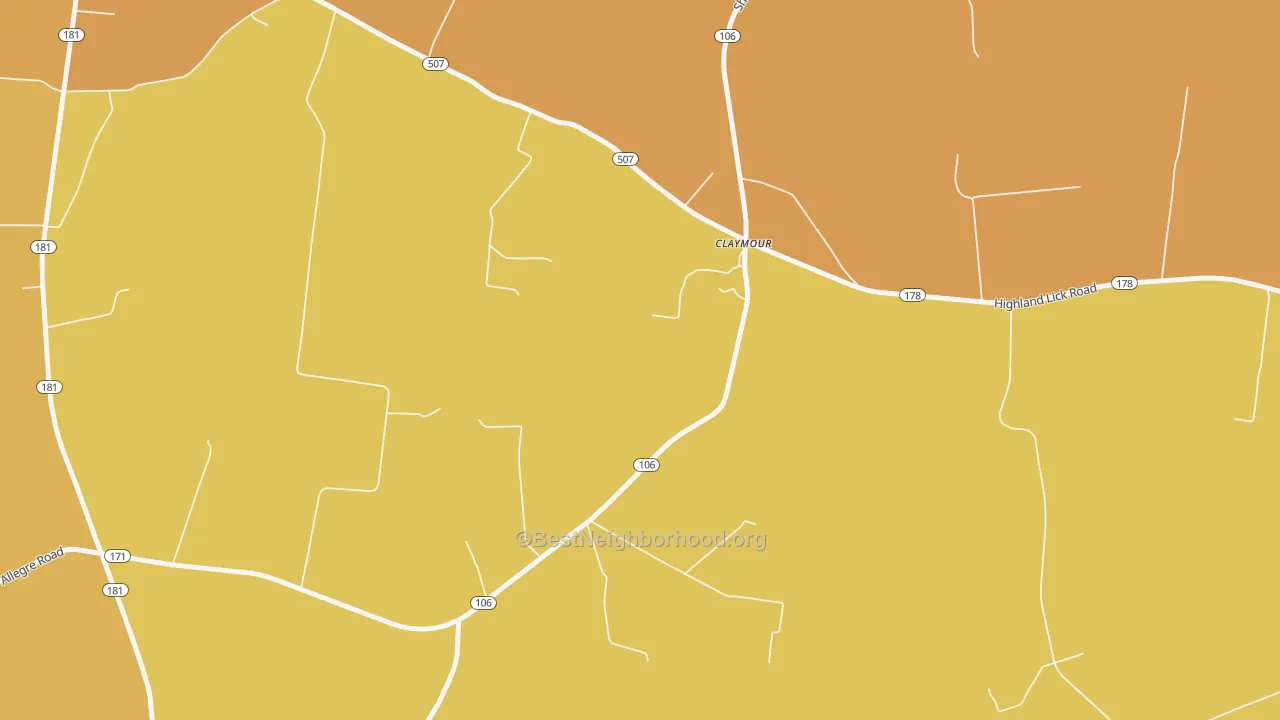Map of the best neighborhoods in the Claymour area, with better matches in green and worse matches in red