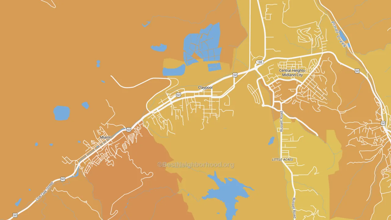 Map of the best neighborhoods in the Claypool area, with better matches in green and worse matches in red