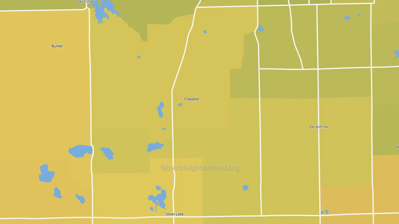 Map of the best neighborhoods in the Claypool area, with better matches in green and worse matches in red
