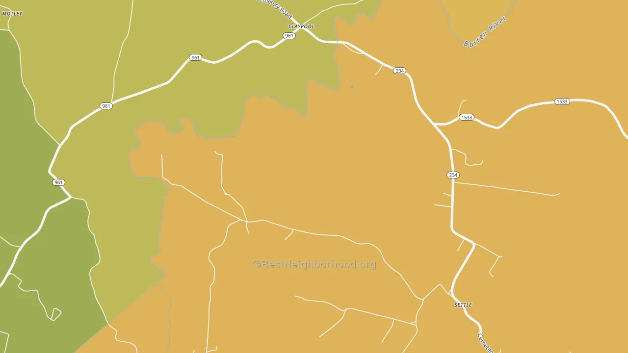 Map of the best neighborhoods in the Claypool area, with better matches in green and worse matches in red