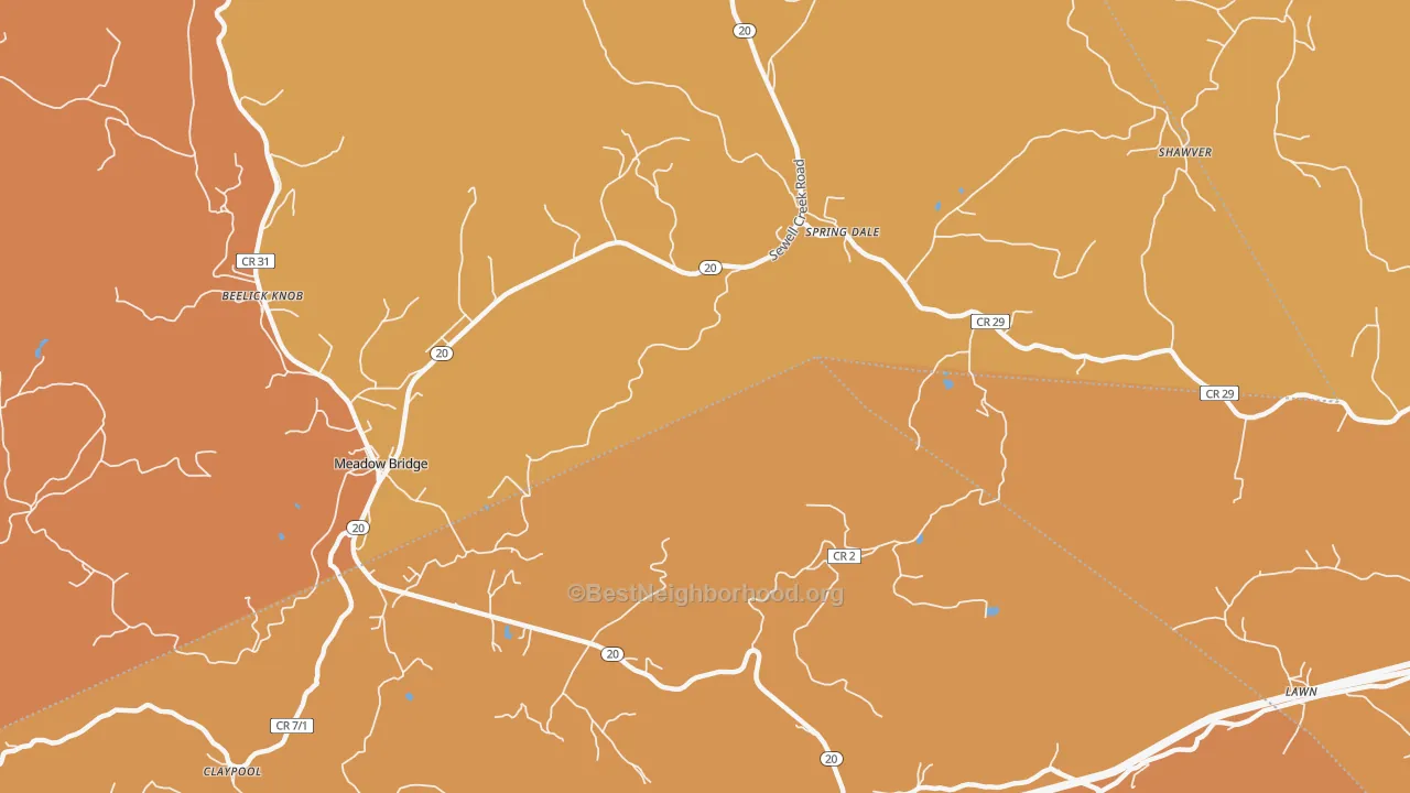 Map of the best neighborhoods in the Claypool area, with better matches in green and worse matches in red