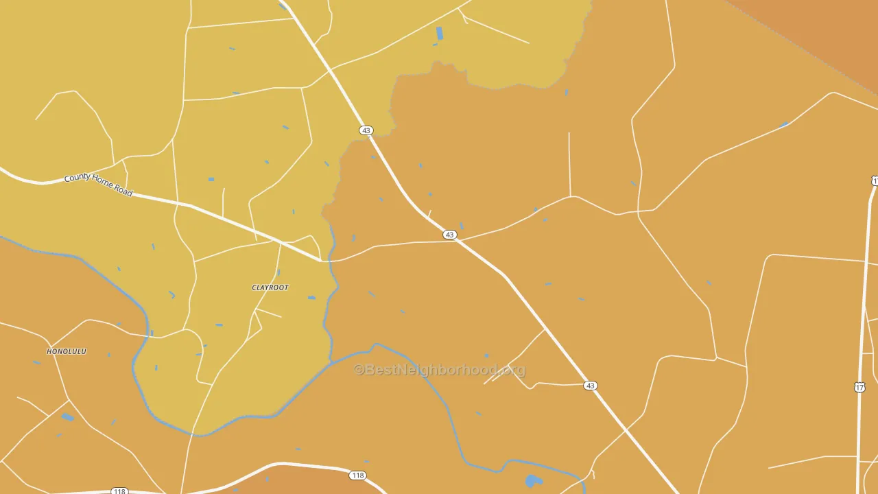 Map of the best neighborhoods in the Clayroot area, with better matches in green and worse matches in red