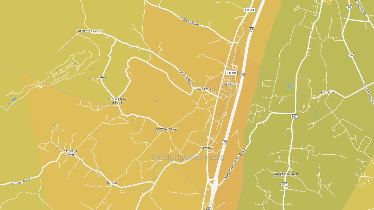 Map of the best neighborhoods in the Claysburg area, with better matches in green and worse matches in red