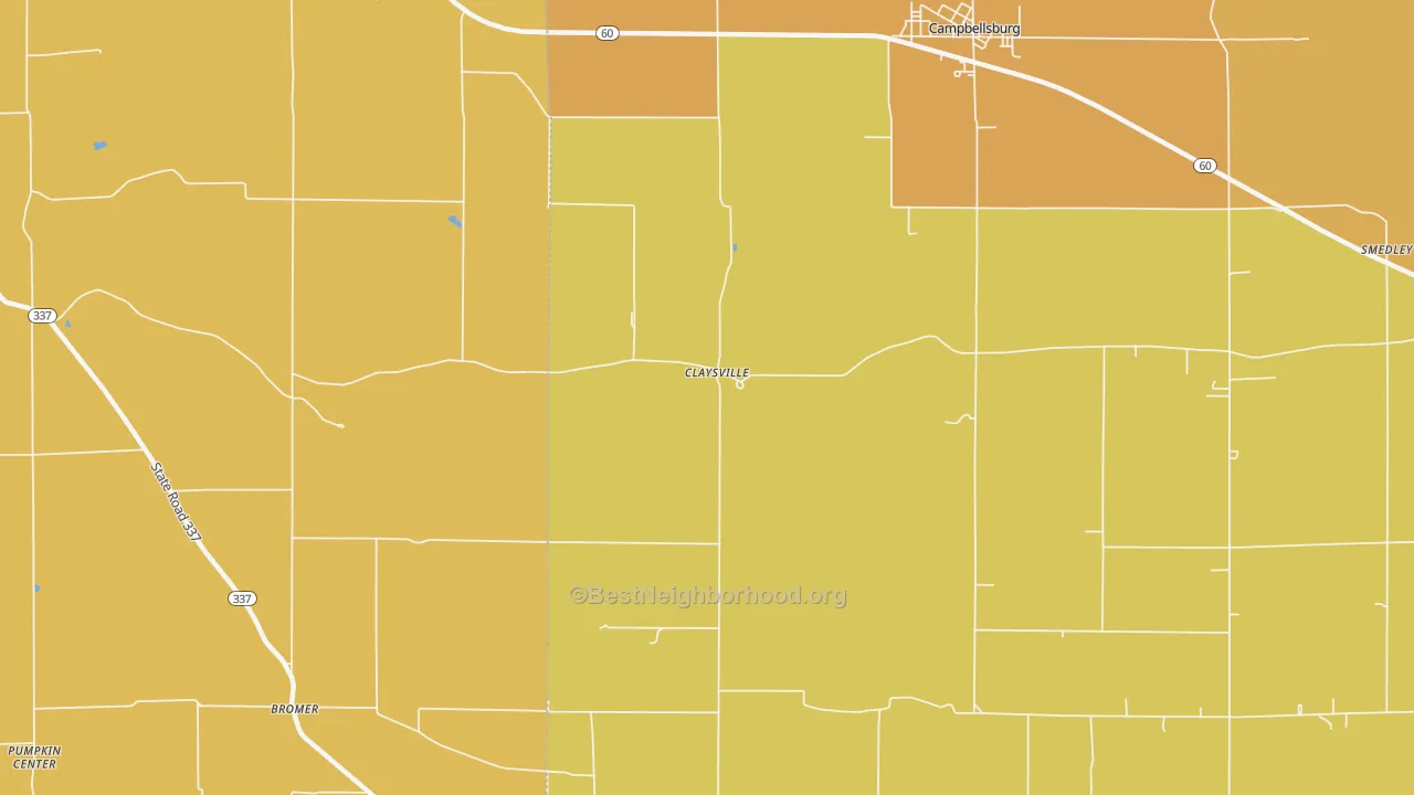 Map of the best neighborhoods in the Claysville area, with better matches in green and worse matches in red
