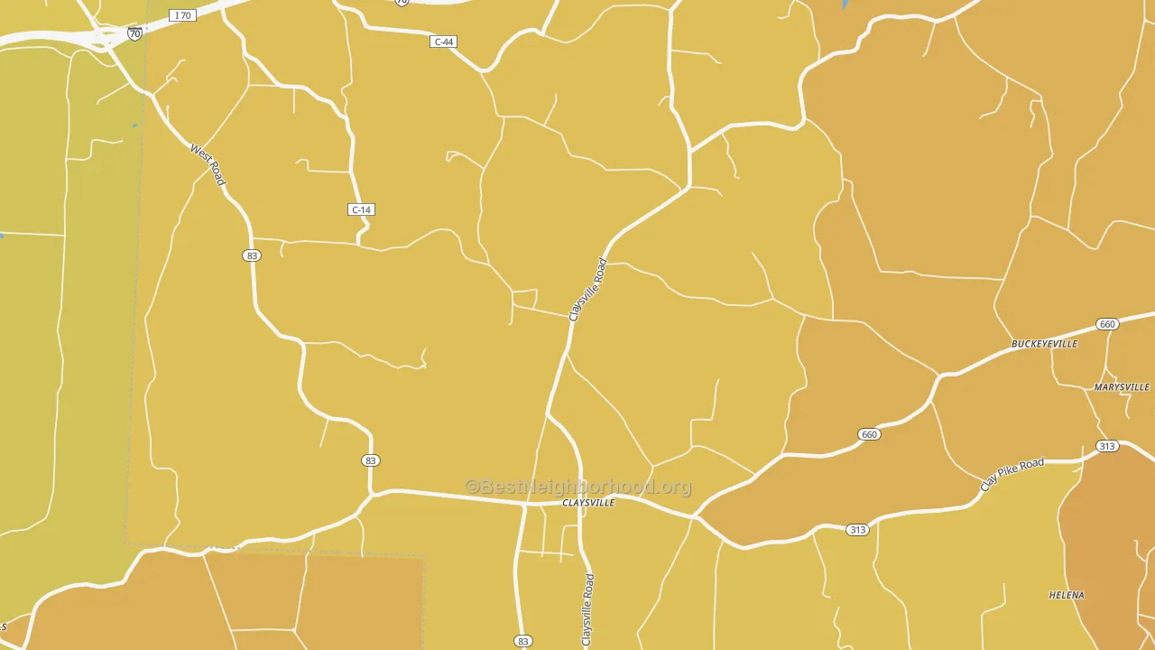 Map of the best neighborhoods in the Claysville area, with better matches in green and worse matches in red