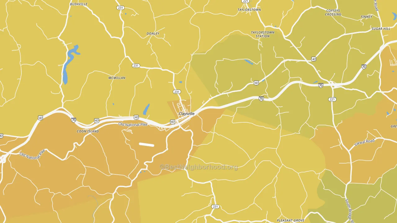 Map of the best neighborhoods in the Claysville area, with better matches in green and worse matches in red