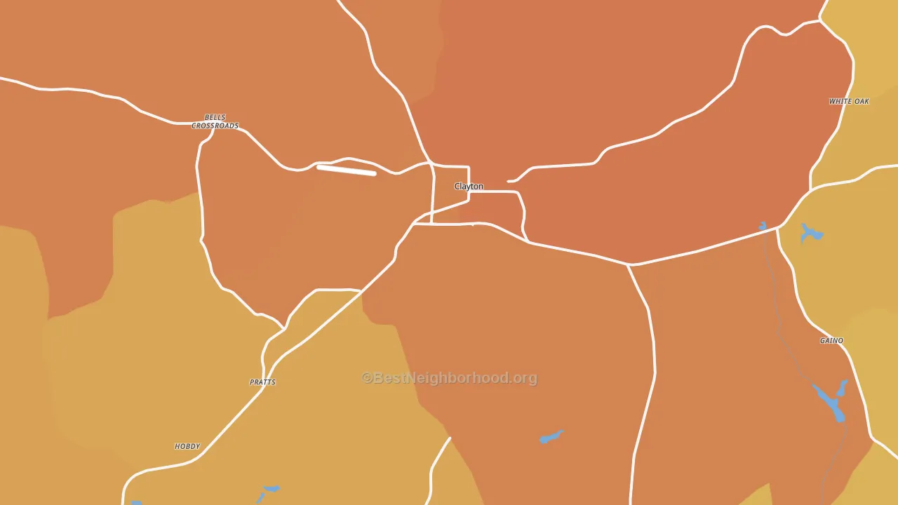 Map of the best neighborhoods in the Clayton area, with better matches in green and worse matches in red
