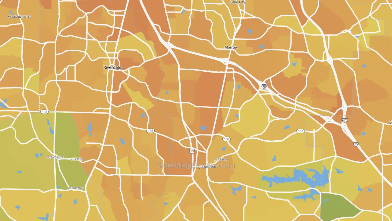 Map of the best neighborhoods in the Clayton County area, with better matches in green and worse matches in red