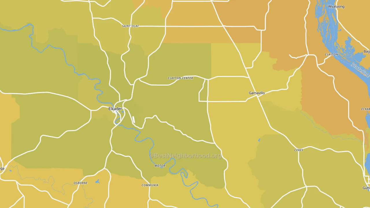 Map of the best neighborhoods in the Clayton County area, with better matches in green and worse matches in red