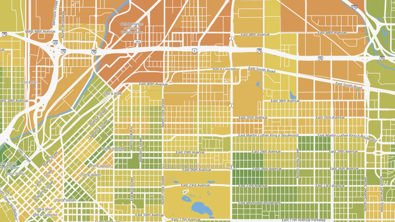 Map of the best neighborhoods in the Clayton, Denver area, with better matches in green and worse matches in red
