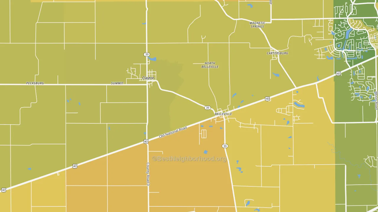 Map of the best neighborhoods in the Clayton area, with better matches in green and worse matches in red