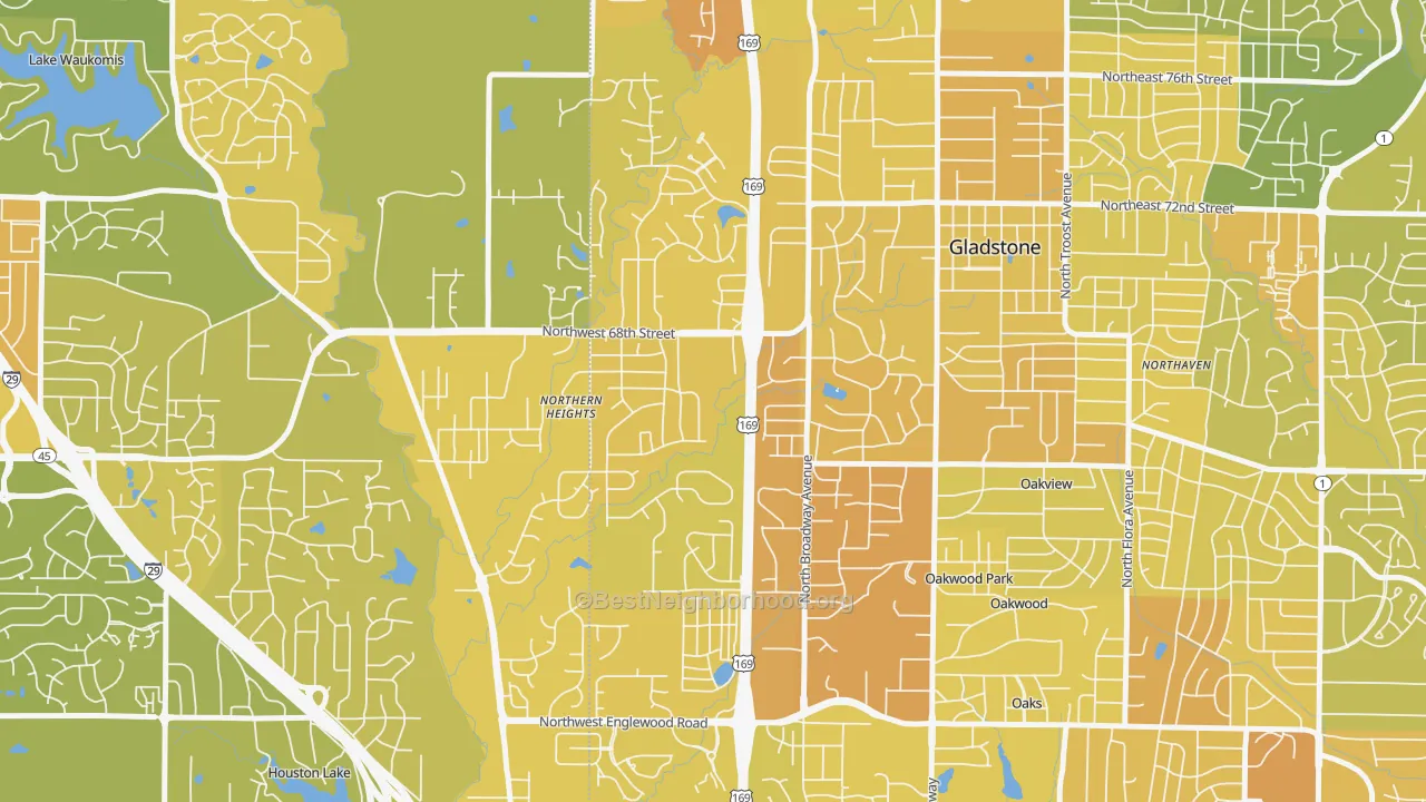 Map of the best neighborhoods in the Clayton, Kansas City area, with better matches in green and worse matches in red