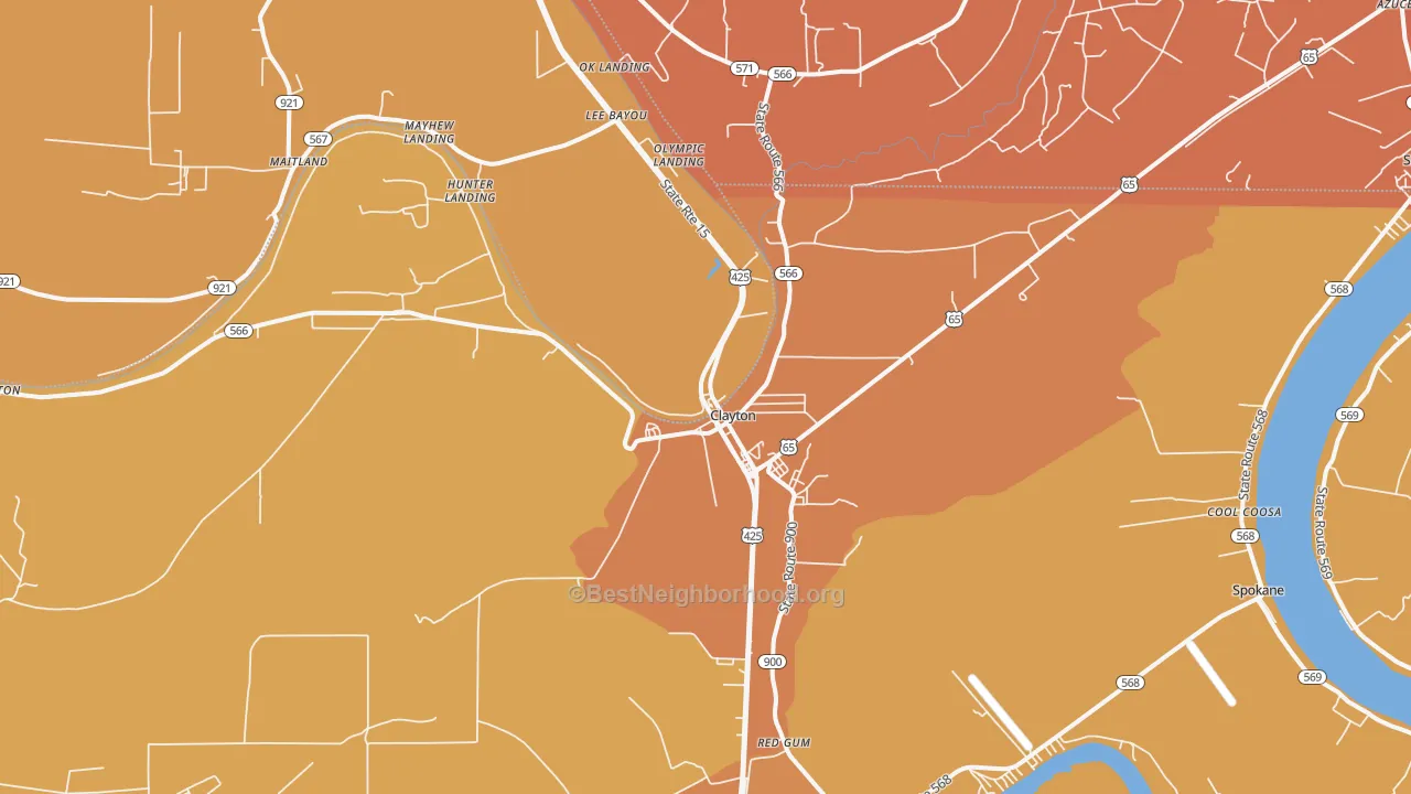 Map of the best neighborhoods in the Clayton area, with better matches in green and worse matches in red