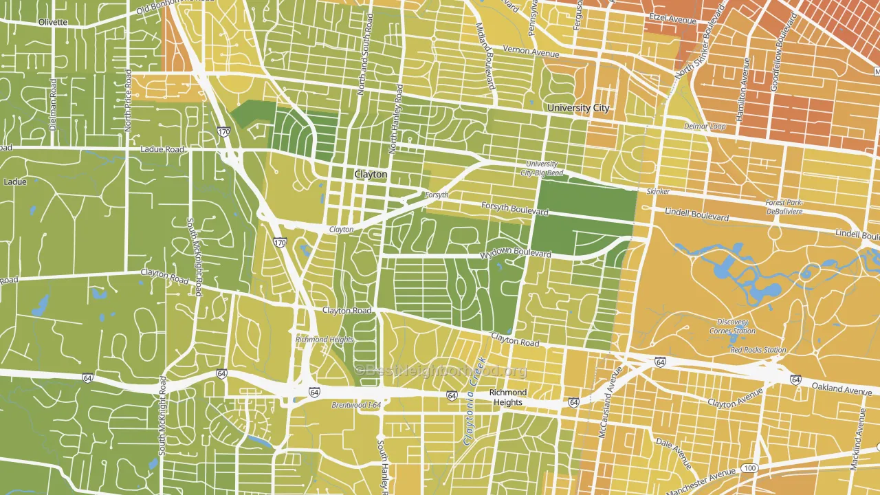 Map of the best neighborhoods in the Clayton area, with better matches in green and worse matches in red
