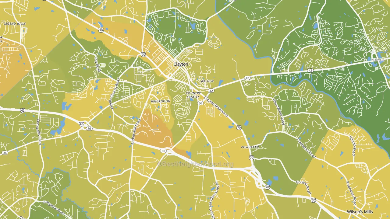 Map of the best neighborhoods in the Clayton area, with better matches in green and worse matches in red