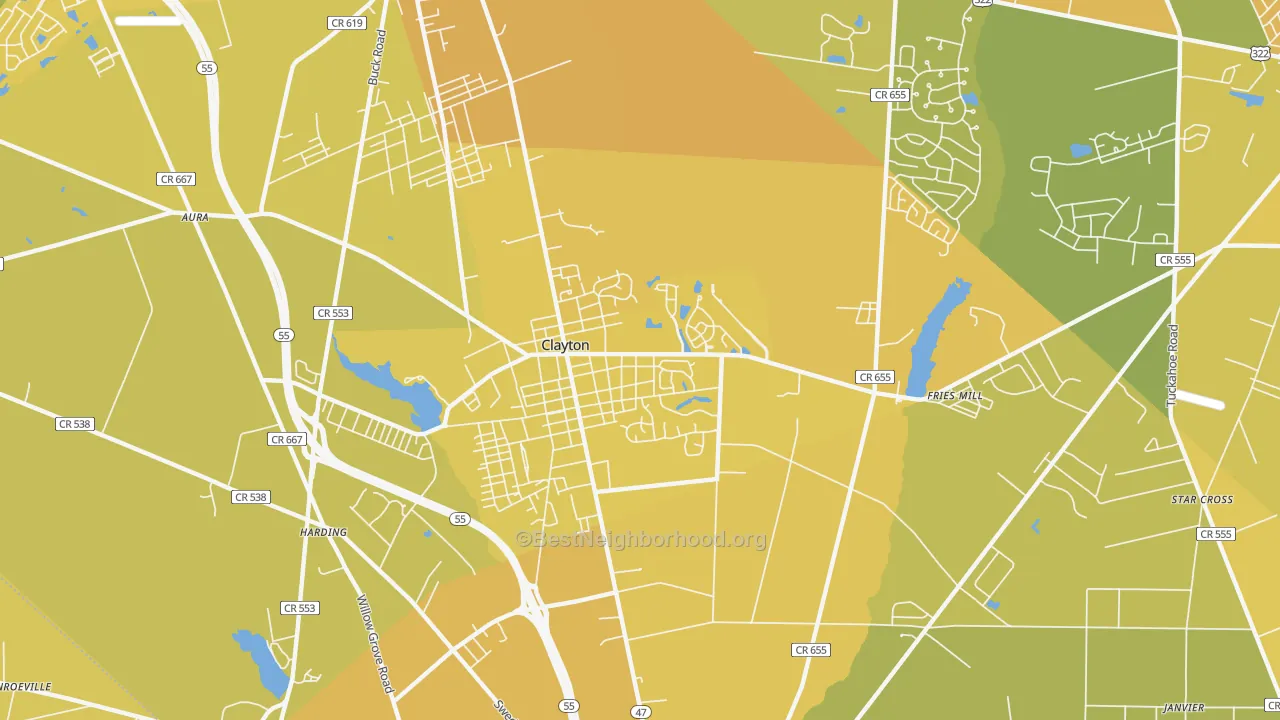 Map of the best neighborhoods in the Clayton area, with better matches in green and worse matches in red