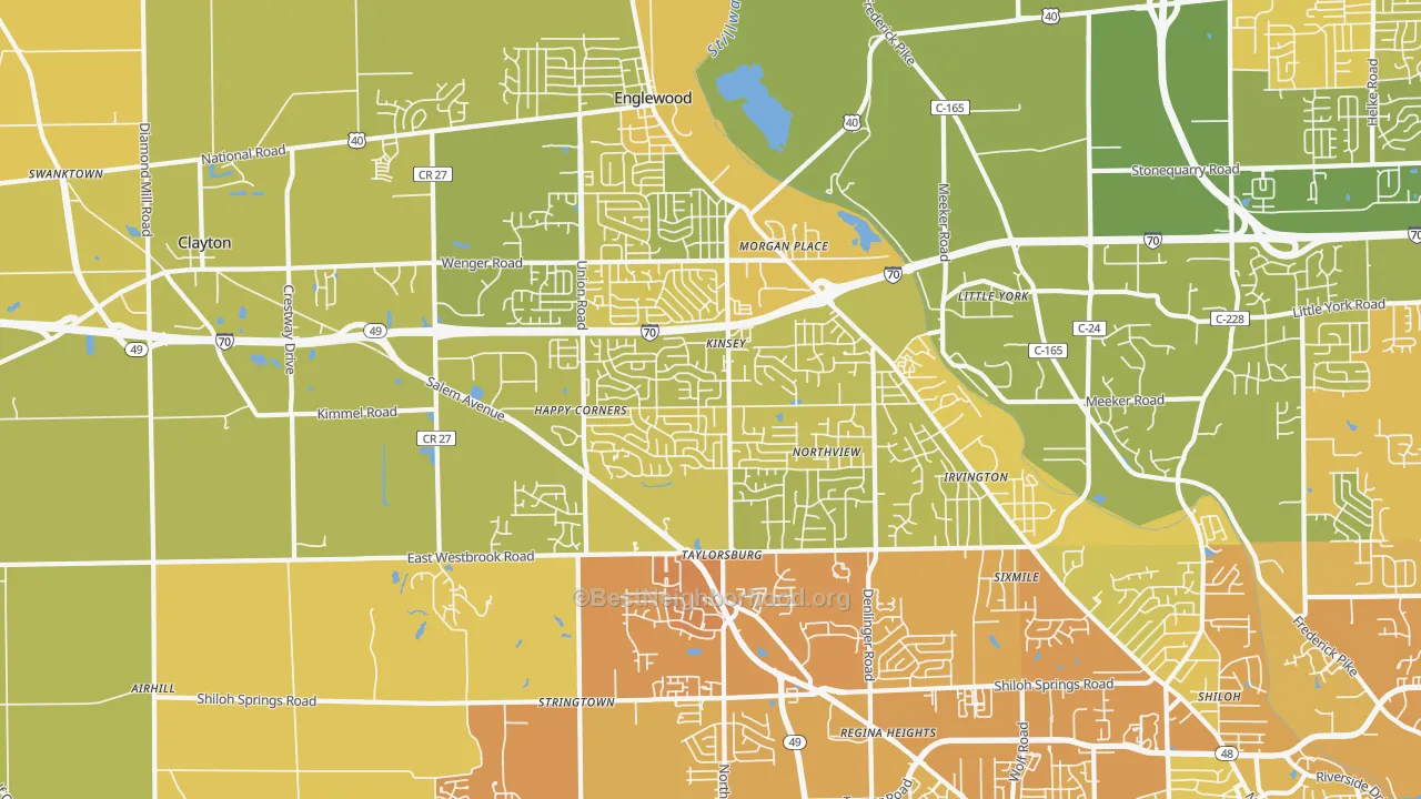 Map of the best neighborhoods in the Clayton area, with better matches in green and worse matches in red