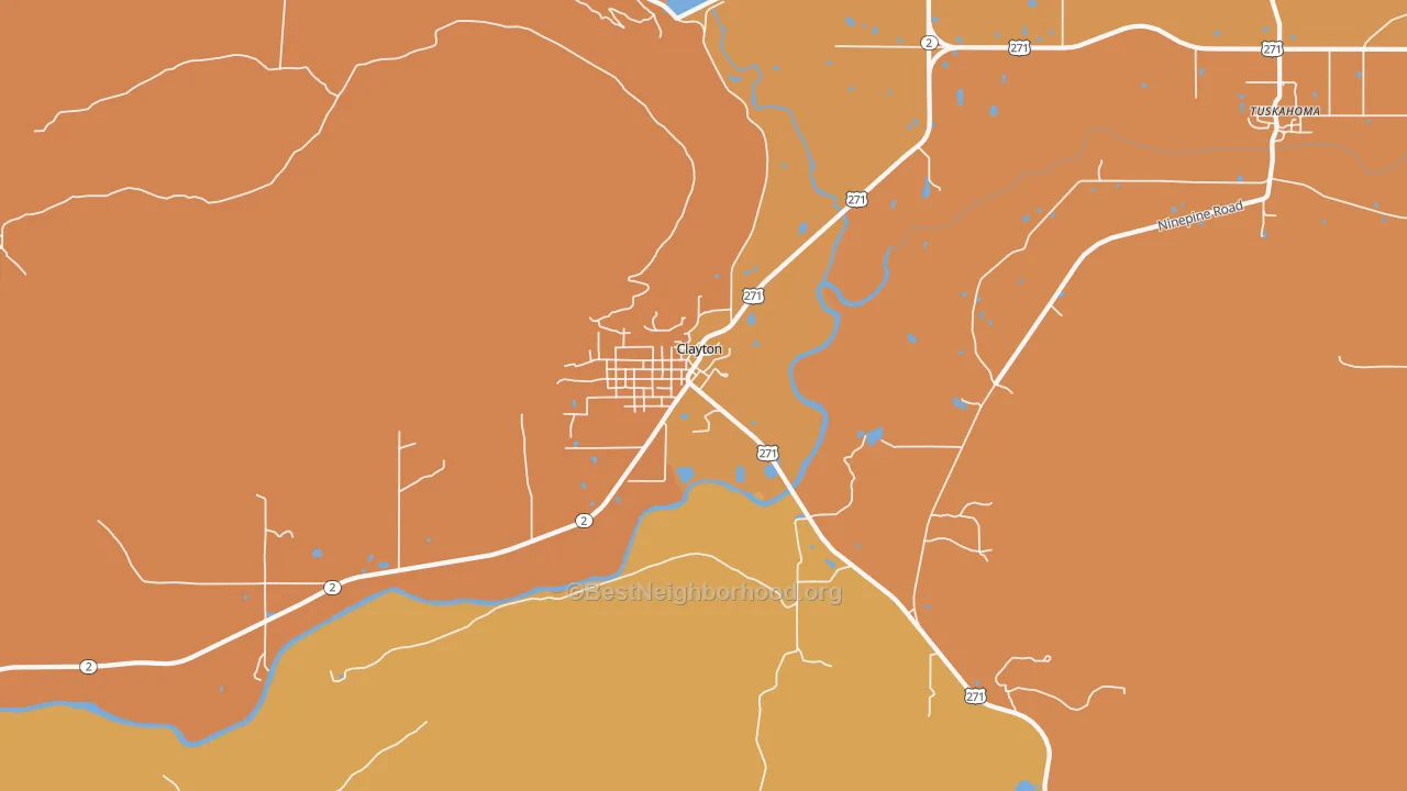 Map of the best neighborhoods in the Clayton area, with better matches in green and worse matches in red